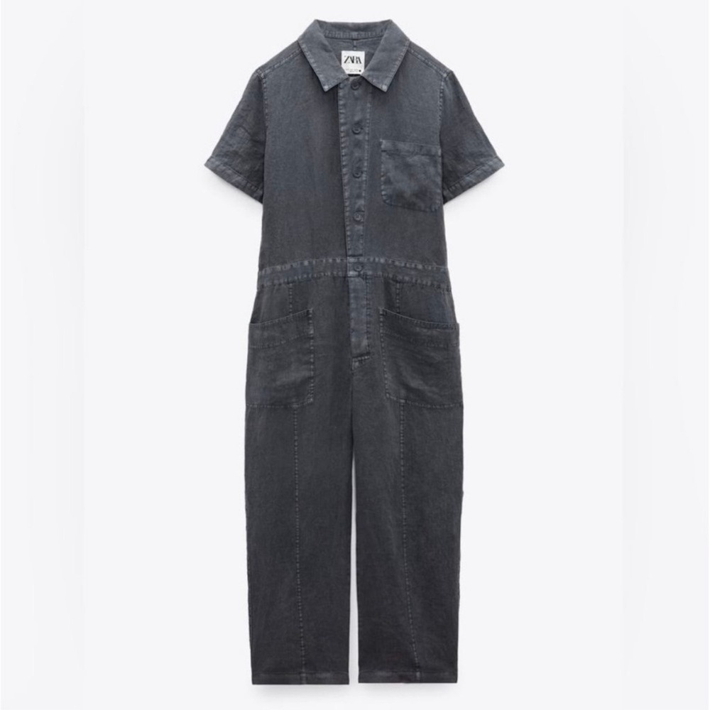 Zara Jumpsuit Women Extra Small Gray Utility 100% Linen Short Sleeve Button Up - Picture 1 of 16